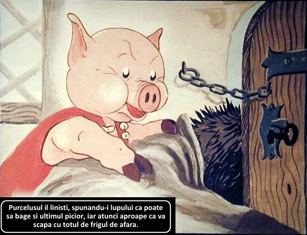 Un purcel zâmbitor interacționează cu o poartă, în timp ce discută cu un lup.