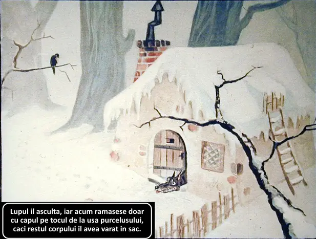 Ilustrație de iarnă cu un lup lângă o căsuță acoperită cu zăpadă.