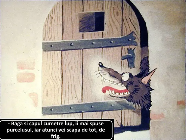 Ilustrație cu un lup care vorbește printr-o ușă.