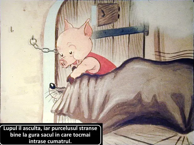 Un purcelus ascultand cum lupul se apropie, in timp ce strange un sac.