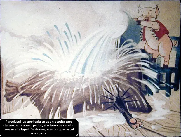 O ilustrație colorată cu un purcel care varsă apă clocotită dintr-o oală, iar lupul se află sub un sac.