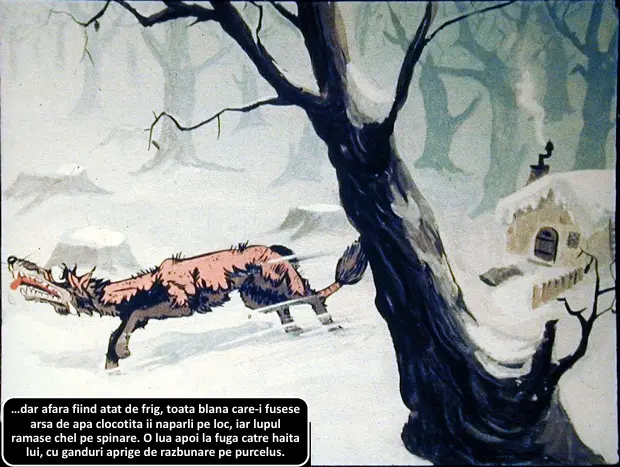 Ilustrație cu un lup în zăpadă, cu un text descriptiv despre frig și lupul care fuge.