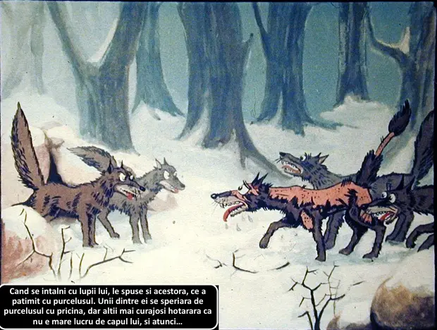 Ilustrație cu lupi în pădure, în care un purcel povestește despre întâlnirea cu lupii.