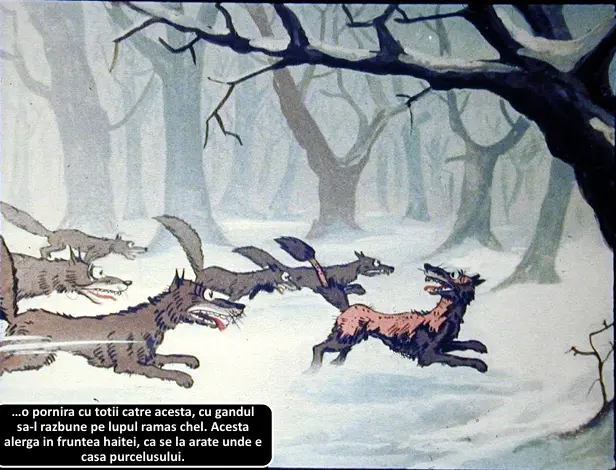 Ilustrație cu lupi care aleargă prin pădure, urmând un porcușor într-o atmosferă de iarnă.