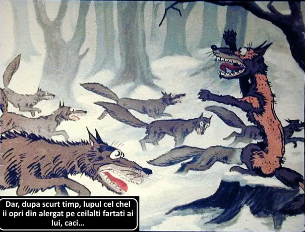 Ilustratie cu lupi intr-un peisaj de iarna, cu un text scris in partea de jos a imaginii.