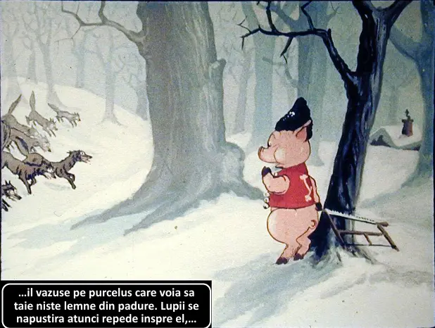 Ilustratie cu un purcel in zapada, observand lupii care se apropie, cu un peisaj de padure in fundal.