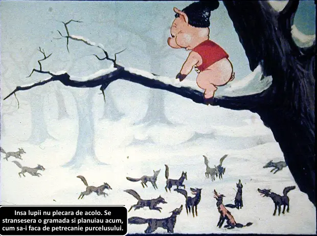 Ilustrație cu un purcel pe o ramură, observând o grupare de lupii în zăpadă.