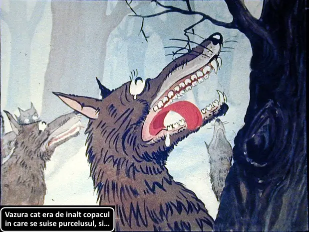 Ilustrație animată cu un lup care vorbește și copaci în fundal.