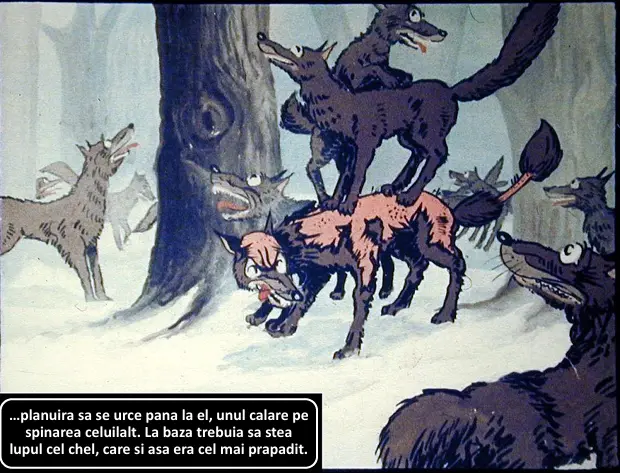 Ilustrație cu mai multi lupi într-o pădure, unul fiind călare pe altul, înconjurați de zapada.