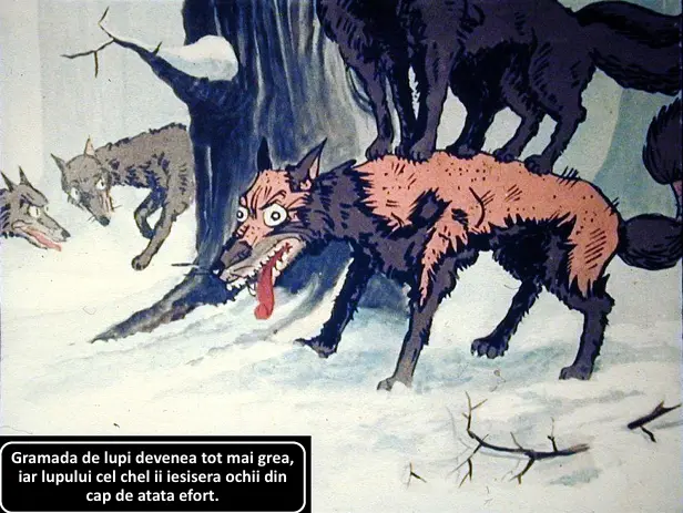 Imagine cu lupi într-un peisaj snowy, un lup cu un aspect alert și expresiv, alături de alți lupi, descriind o scenă dintr-o poveste.