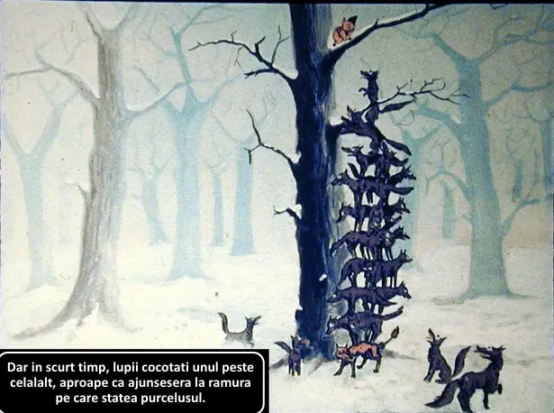 Ilustrație cu lupii cățărându-se pe un copac în zăpadă, cu un purcelus pe o ramură.