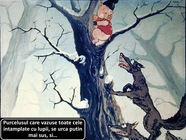 Ilustrare cu un purcel in copac, temându-se de lupi.
