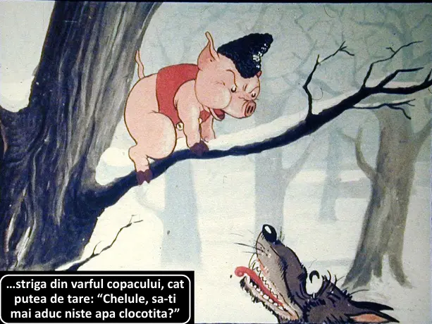 Imagine cu un porc pe o creanga de copac, strigând către un lup.