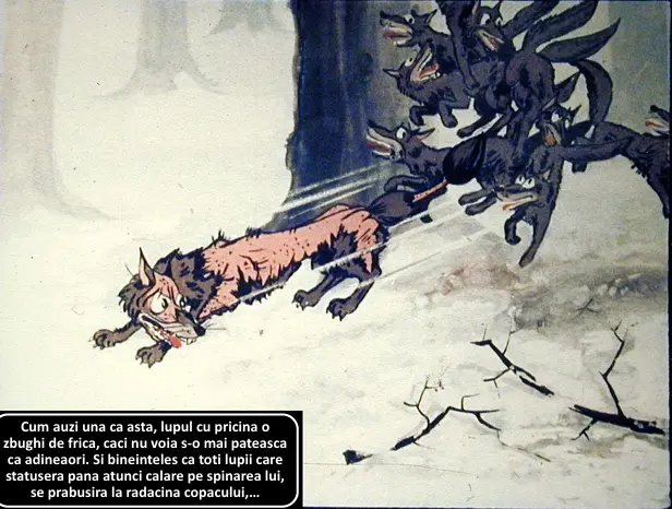 Imagine cu un lup speriat în fața unor alți lupi, cu text descriptiv despre teama și situația sa.