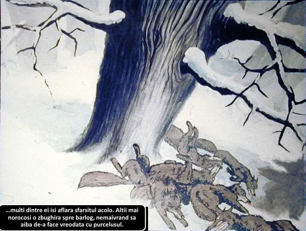 Ilustrație cu un peisaj înghețat, în care mai mulți animale se adăpostesc de frig.