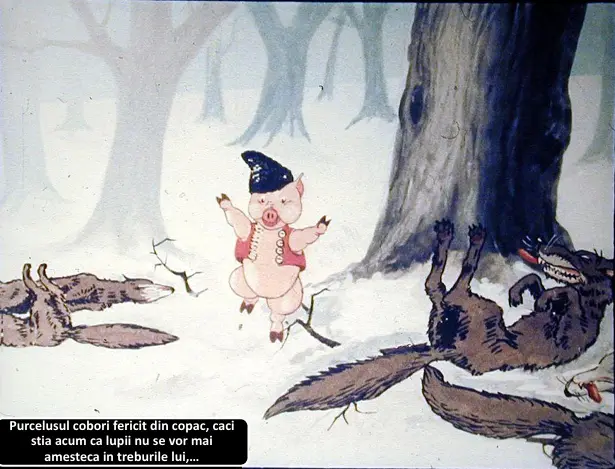 Ilustrație cu un purcel fericit care coboară dintr-un copac, cu lupii întinși pe zăpadă în jur.