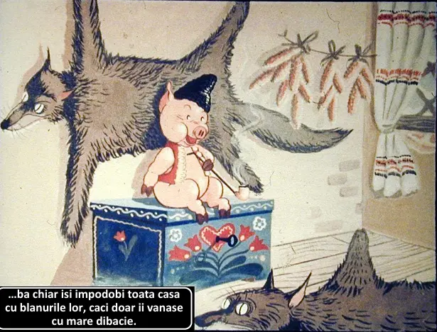 Ilustrație cu un porc pe o cutie, înconjurat de lupi și decoruri de interior.