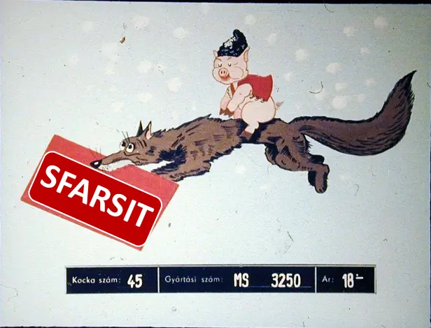 O imagine animată cu un porc călare pe un lup, având un text roșu care spune 'SFARSIT'.