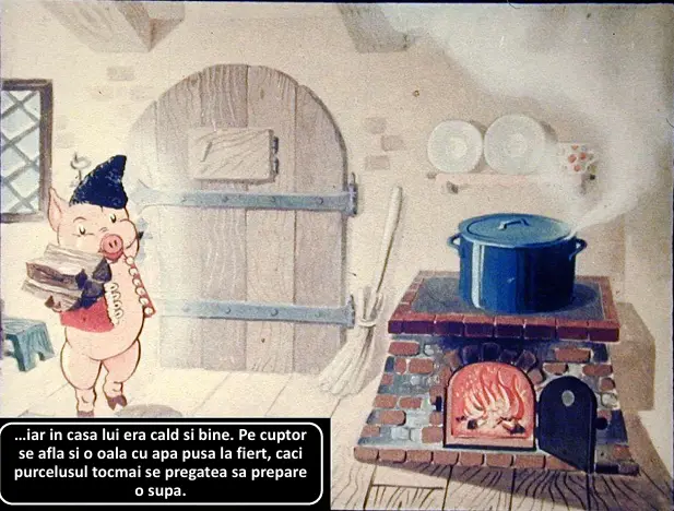 O imagine cu un purcel care tine niste carti in fata unei sobe cu un cuptor si o oala cu apa fiarta.