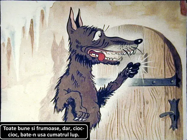 Ilustrație animată cu un lup care bătut la o ușă.