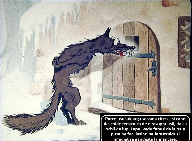 O imagine animată cu un lup care se uită spre o ușă deschisă, gândindu-se la mâncare.