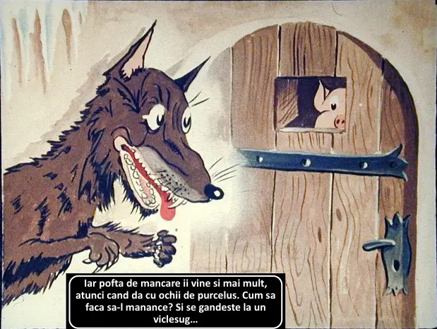 O ilustrație care arată un lup care se gândește cum să mănânce un purcel, evidențiind o situație comică.