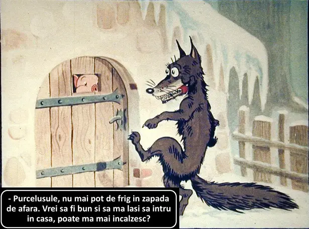 O scenă dintr-o poveste animată cu un lup care cere ajutorul unui purcel.