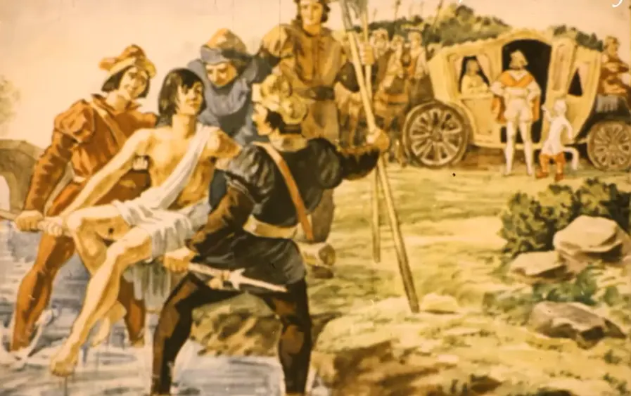 Ilustrație care prezintă o scenă istorică cu mai multe figuri umane, având un bărbat legat și un altul îmbrăcat în uniformă care înfășoară un alt bărbat, în timp ce altele se află în fundal.