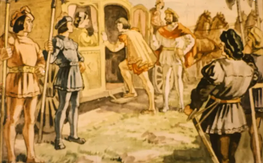 Ilustrație colorată cu războinici antici și o scenă de întâlnire în aer liber.