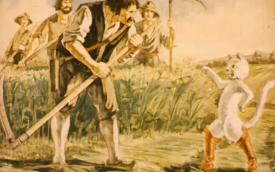 O scenă dintr-o poveste, cu un fermier care se confruntă cu o pisică îmbrăcată în cizme roșii, înconjurat de alți fermieri, într-un peisaj rural.