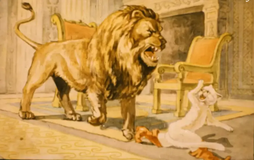O ilustrație care arată un leu furios și o pisică speriată într-o cameră cu mobilă, inclusiv două scaune.