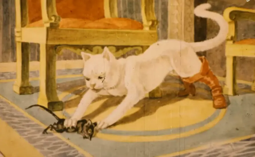 Ilustrație cu o pisică albă purtând cizme roșii, jucându-se cu un șoarece, situată într-o cameră cu mobilă.