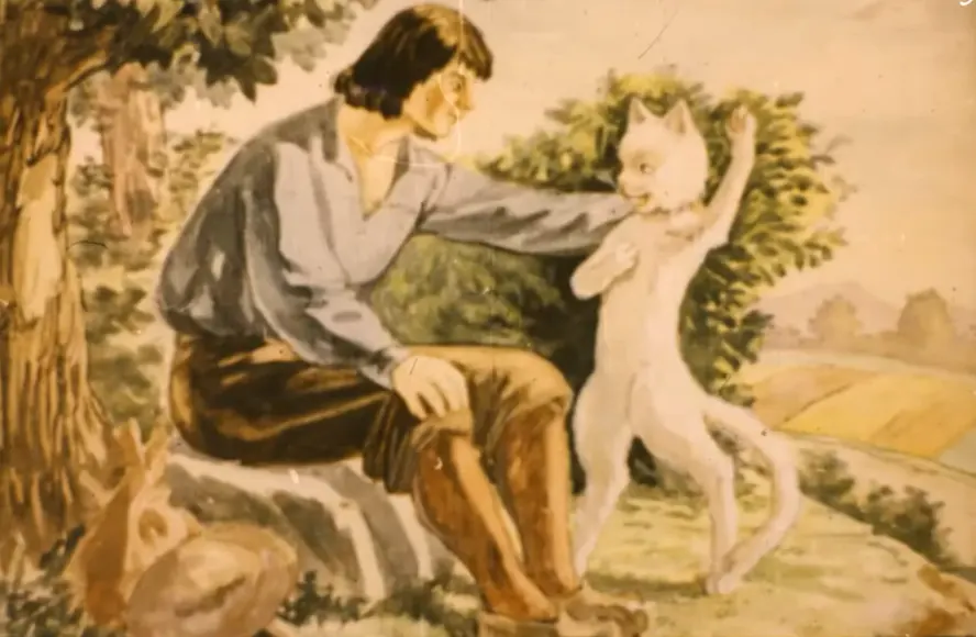 Un băiat zâmbitor se află pe o piatră, interacționând cu o pisică albă, înconjurați de natură.