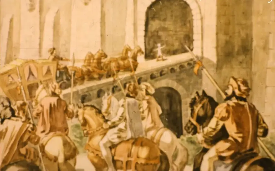 Ilustrație cu o pisică albă purtând cizme roșii, jucându-se cu un șoarece, situată într-o cameră cu mobilă.