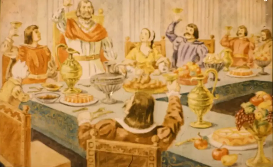 Ilustrație colorată prezentând o scenă de curte medievală cu figuri îmbrăcate în costume istorice, inclusiv un rege, o regină și alți nobili.