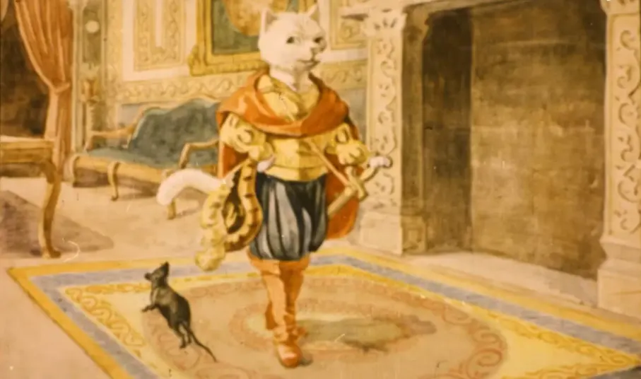 Imagine a unui pisoi îmbrăcat în costume de epocă, mergând printr-o cameră elegantă, însoțit de un șoarece.