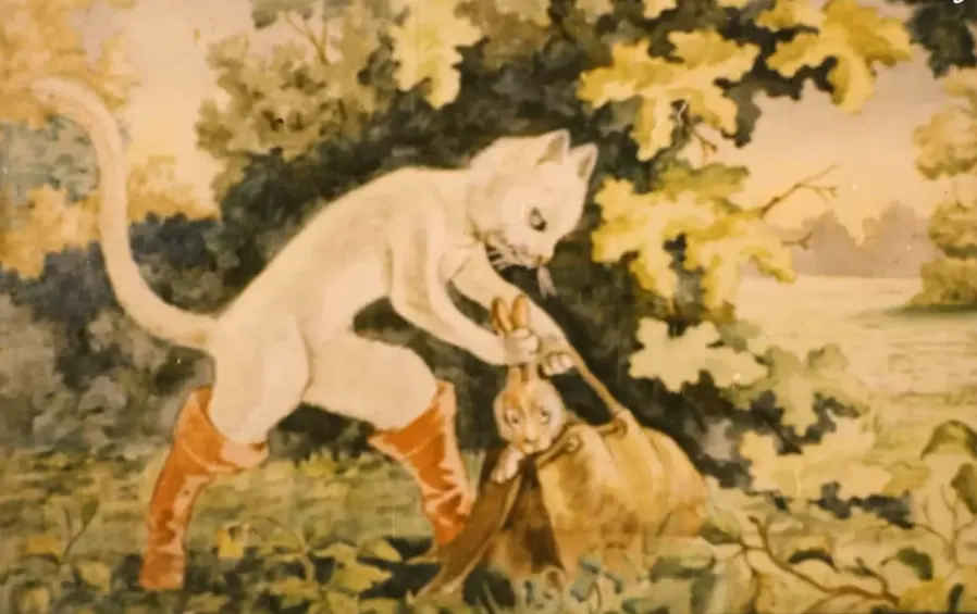 Ilustrație cu o pisică albă îmbrăcată în cizme roșii care trage de o pungă, din care iese un iepure.