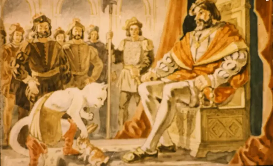 Imaginea ilustrează o scenă cu un personaj care se află în fața unui rege, înconjurat de curteni, într-un decor regal.