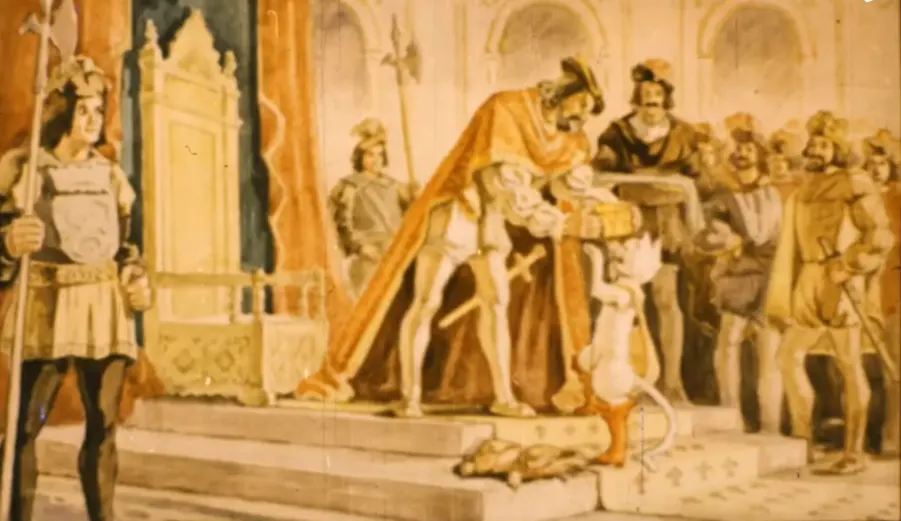 O scenă istorică în care un rege îmbrăcat în haine regale oferă un cadou unui personaj care stă pe două picioare, în fața unei audiențe și a unui tron.