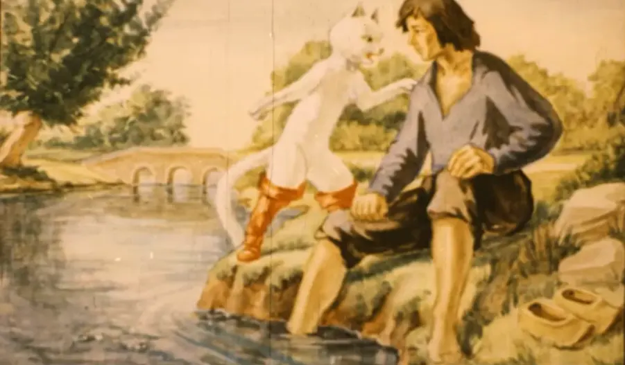 O ilustrație cu un bărbat și o pisică albă îmbrăcată în cizme roșii, stând lângă o apă, într-un peisaj natural.