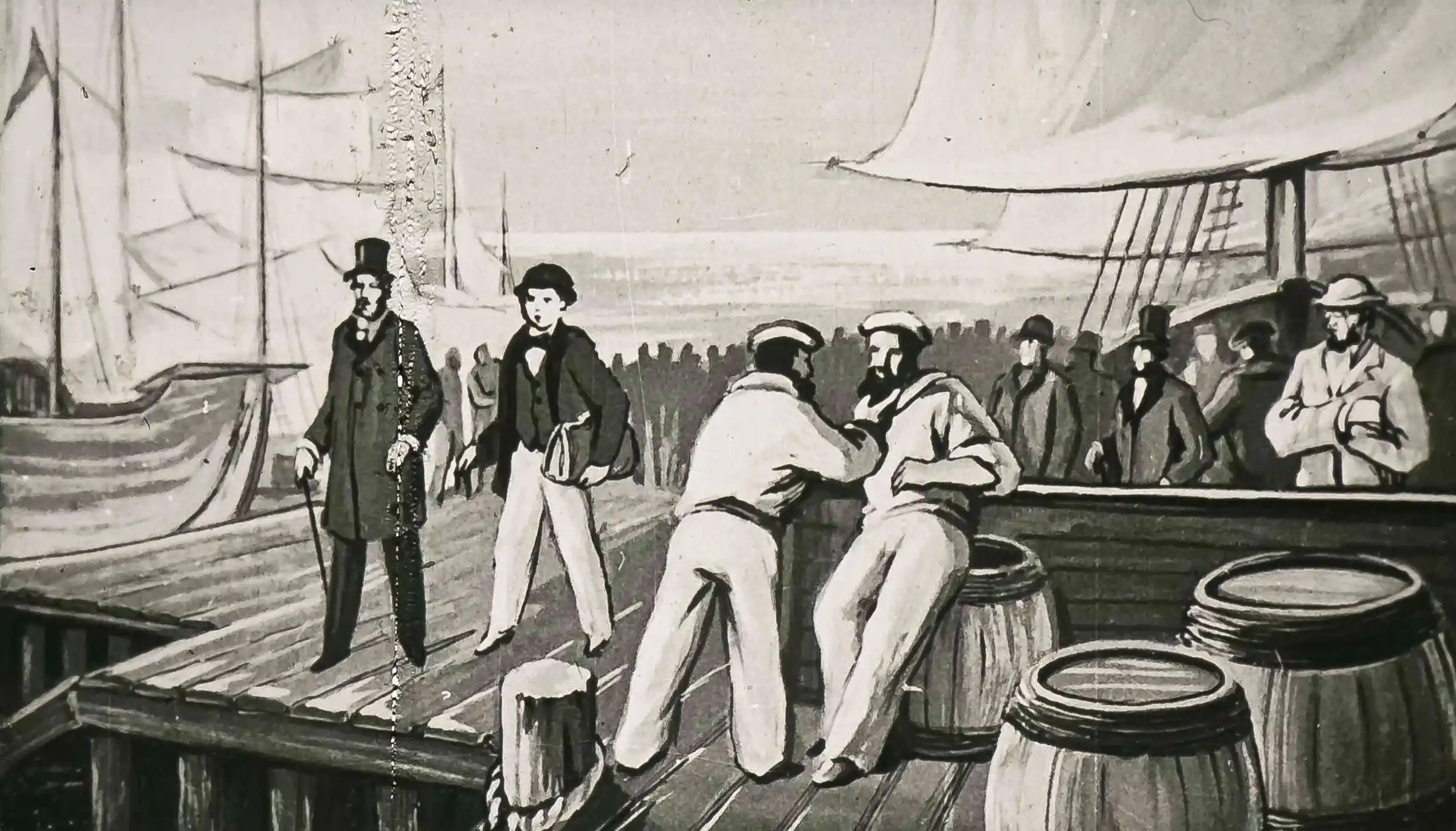 Ilustrație care înfățișează o scenă dintr-o poveste, cu un detectiv și personaje într-un decor portuar.