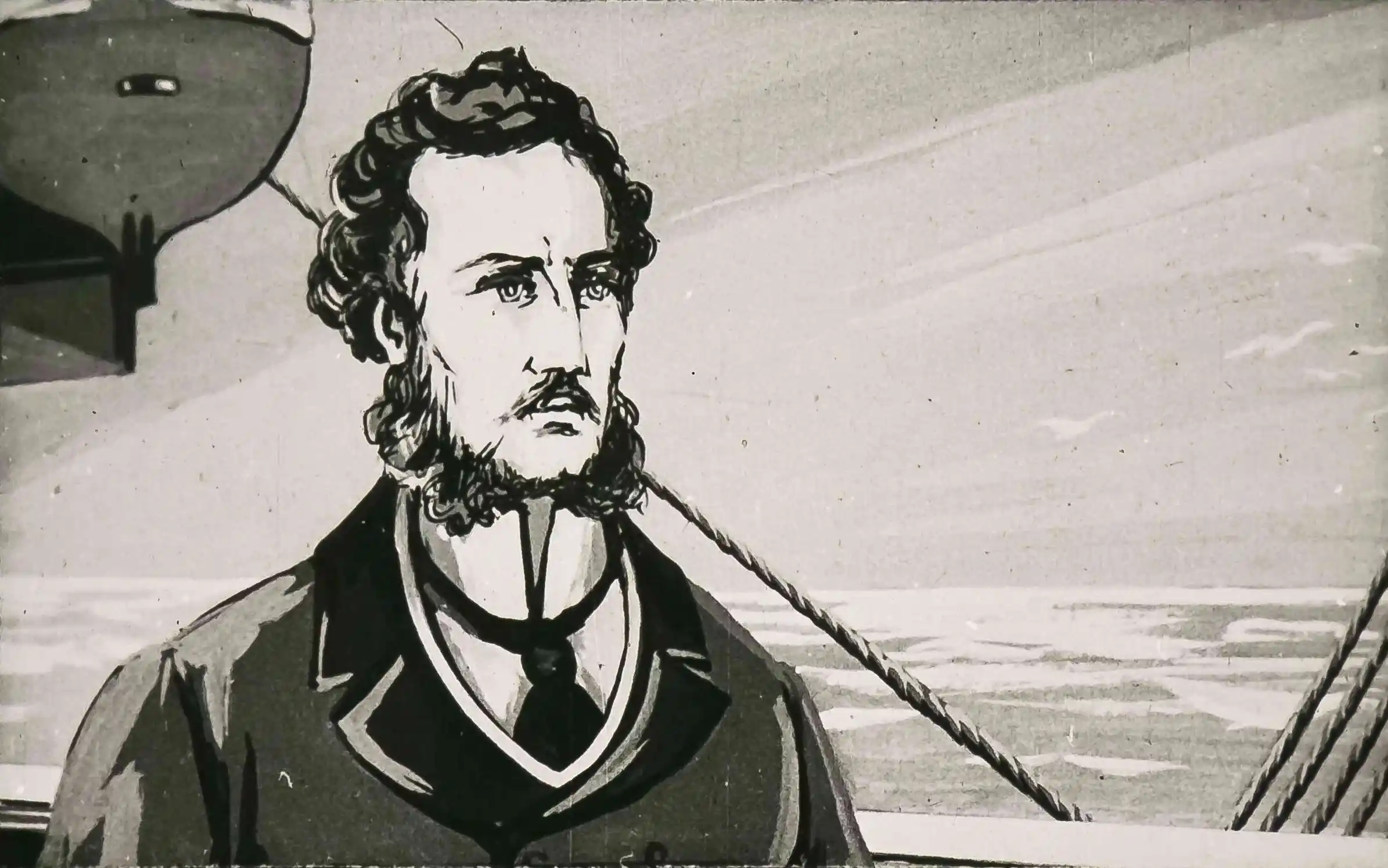 Un bărbat cu păr ondulat și barbă, îmbrăcat formal, stă pe un vârf de navă pe fundalul mării, în timp ce un text despre un plan minuțios apare sub el.