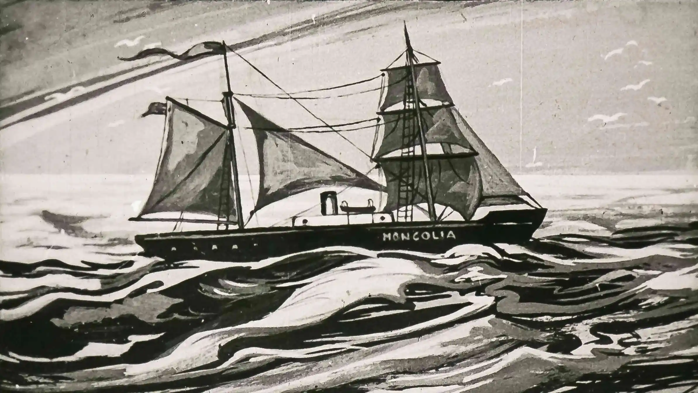 Imagine cu o barcă numită Mongolia navigând pe mare, cu text descriptiv despre aventuri maritime.