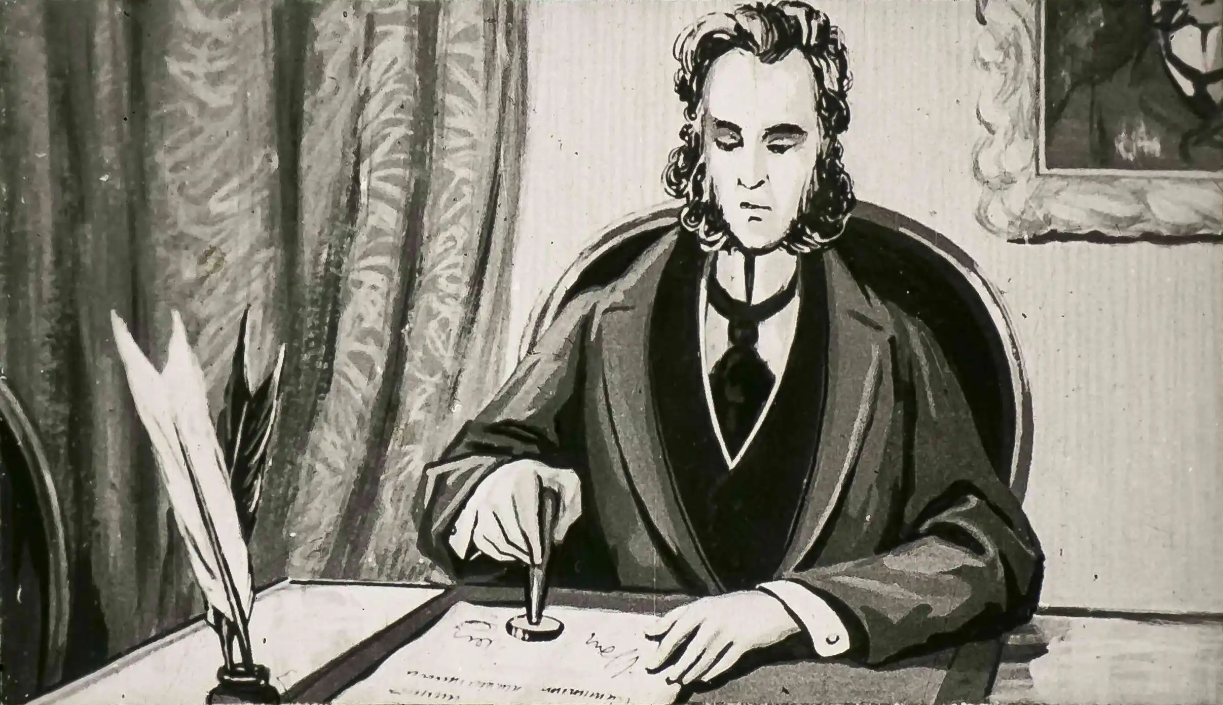 Ilustrație a unui bărbat la birou, semnând un document cu un quill, într-un interior cu draperii și un cadru pe perete.