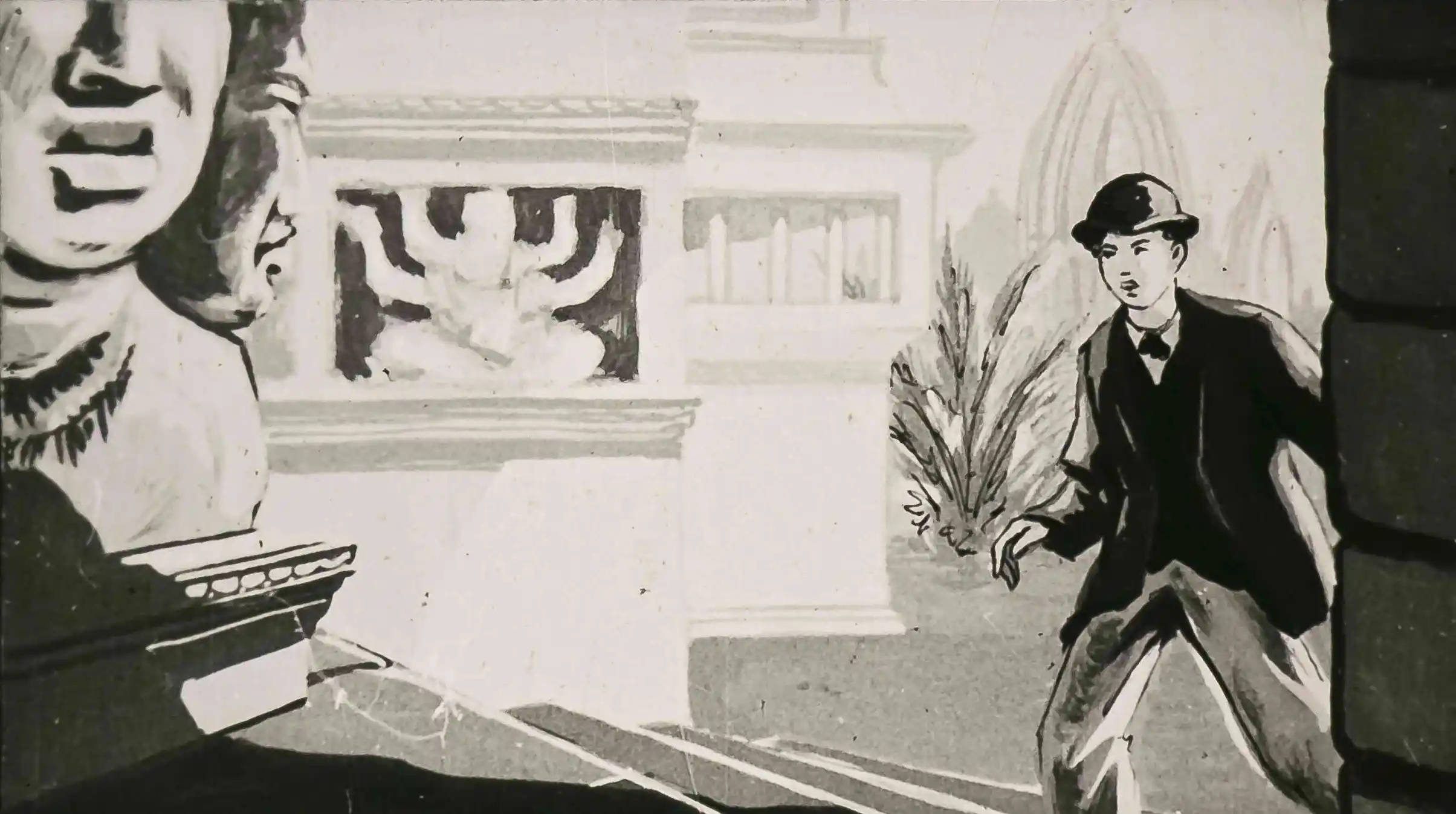 Imagine în alb și negru cu un bărbat îmbrăcat elegant într-o scenă de templu, cu un text descriptiv în partea de jos.