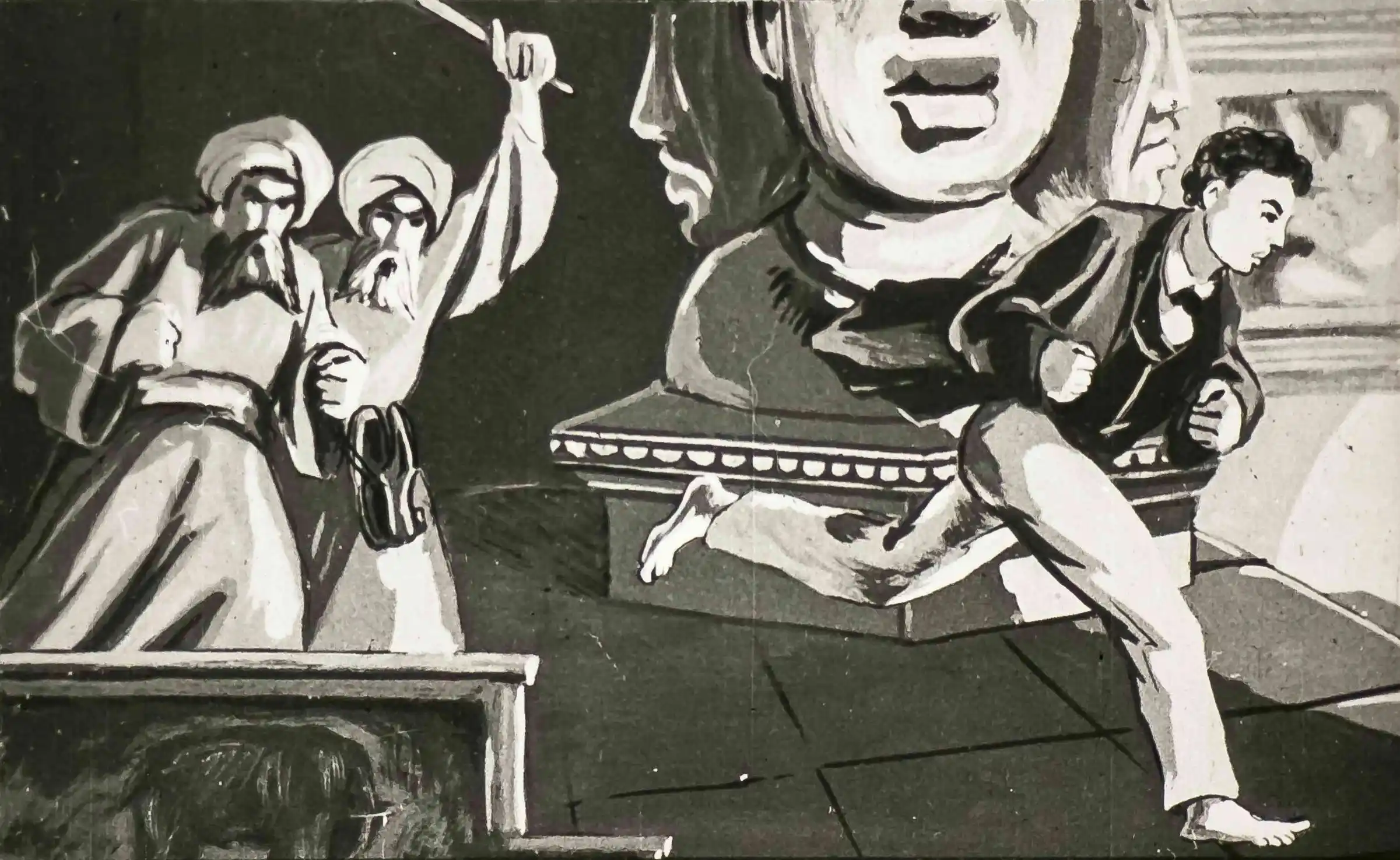 Ilustrație cu personaje care interacționează, text despre o primire neplăcută și fericirea unui personaj.