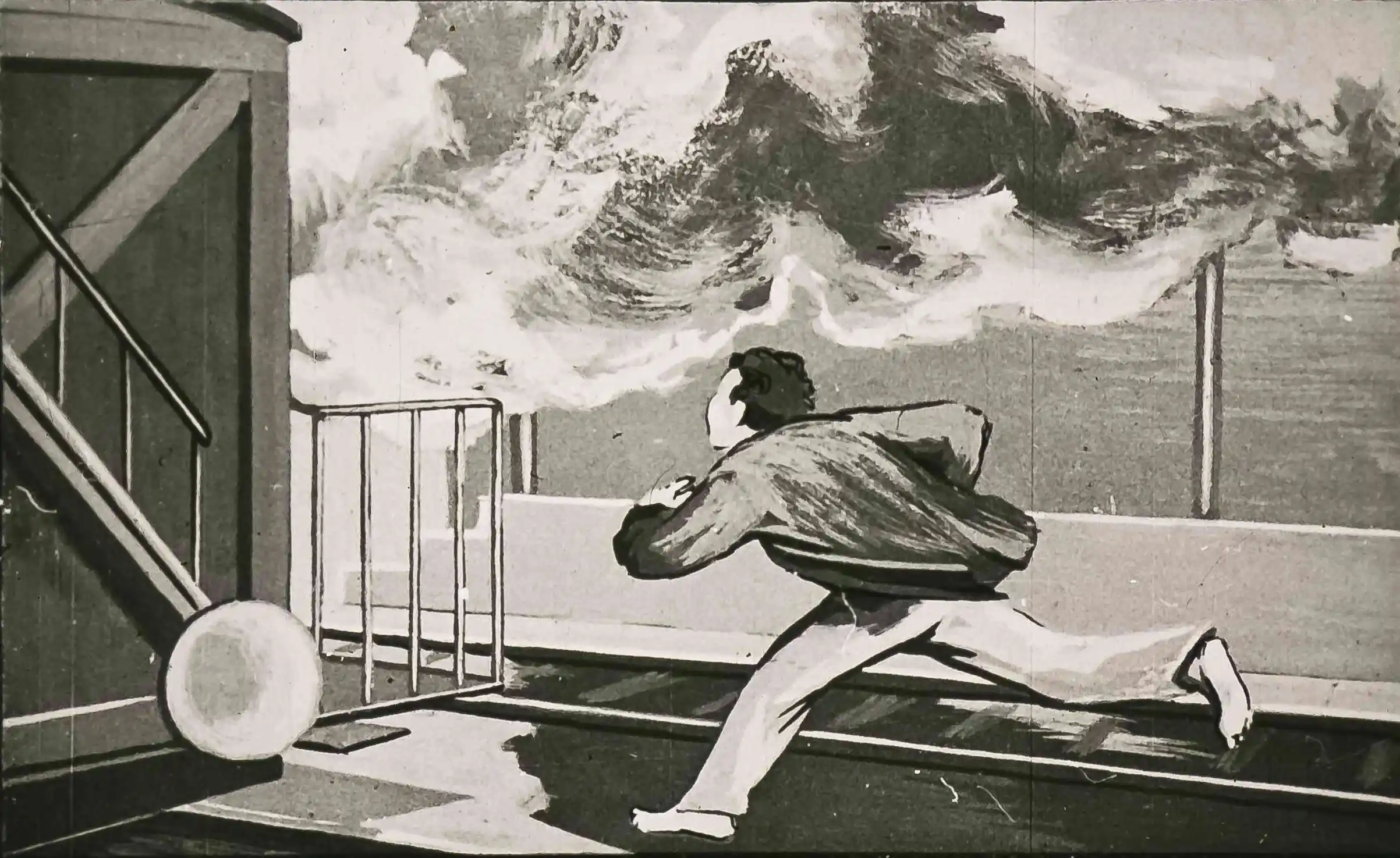 Imagine în alb și negru cu un personaj alergând spre gară, cu un peisaj de nori înfundând cerul.