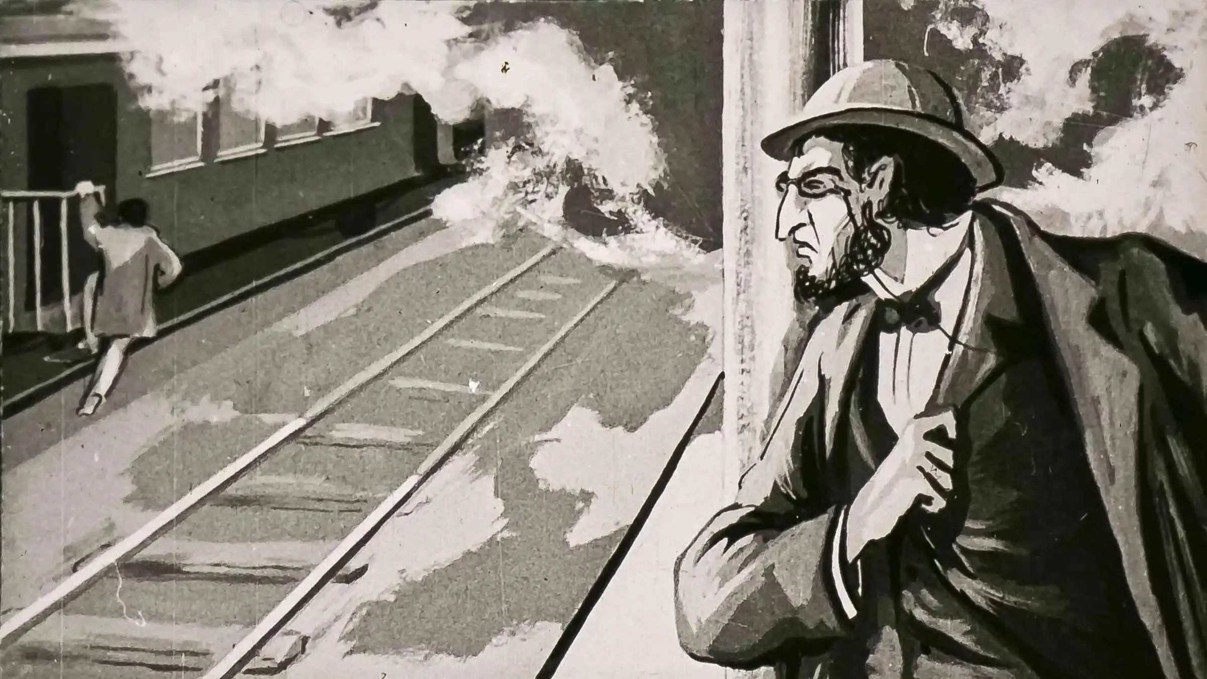 Ilustrație care prezintă un personaj pe calea ferată, observând o scenă de furt, cu text în limba română despre capturarea unui jefuitor.