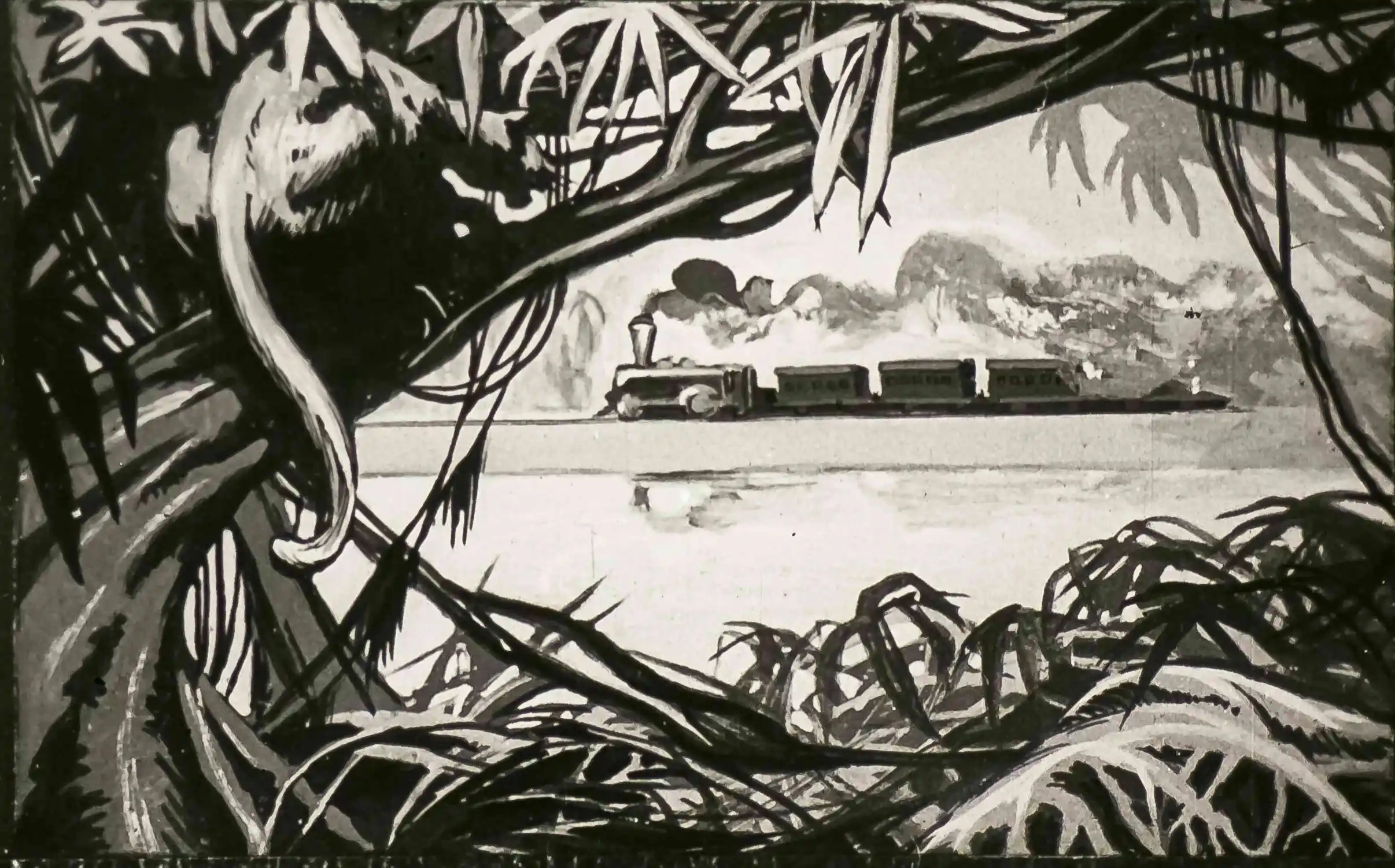 Imagine artistică reprezentând o scenă de călătorie spre Calcutta, cu vegetație luxuriantă și un tren în depărtare.