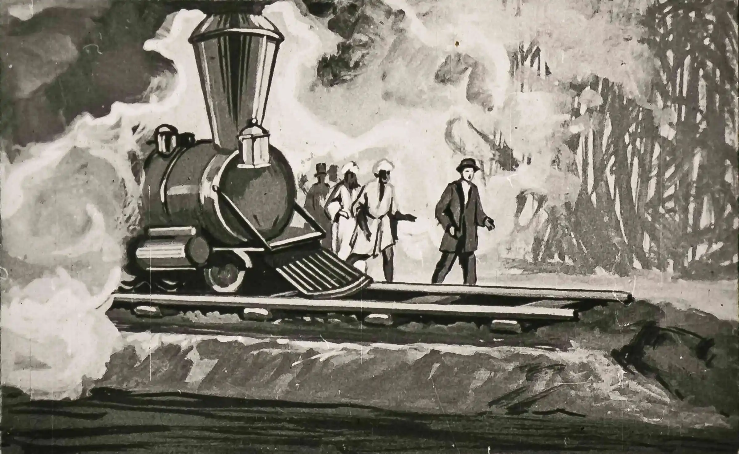 Imagine în alb și negru cu un tren pe o linie ferată parțial terminată, semnificând un incident neprevăzut.